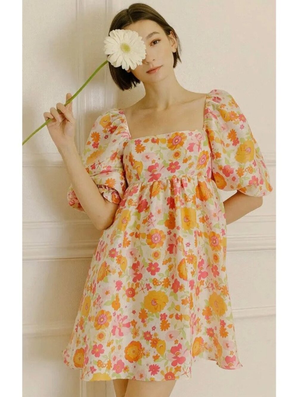 STORIA Multicolor Floral Satin Short Sleeve Lined Babydoll Dress NWT Size Small